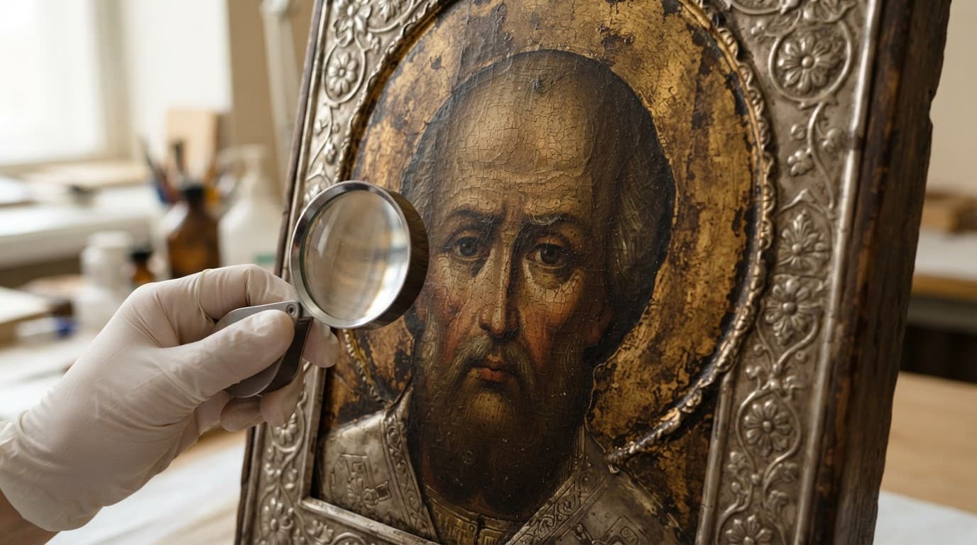 Эксперт изучает икону через лупу